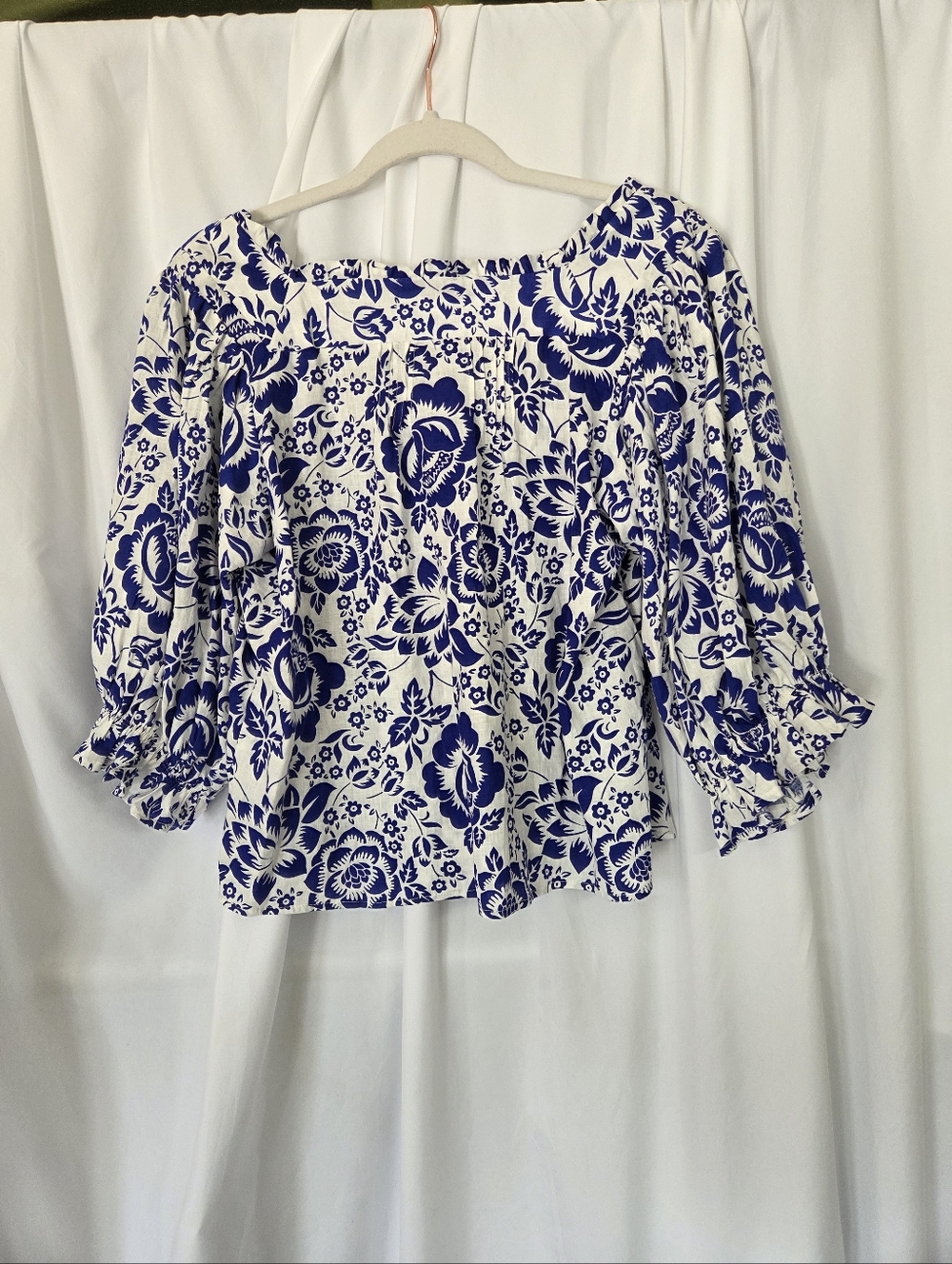 Rachel Zoe Blue/ White Floral Square-Neck Blouse 100% Linen Size S